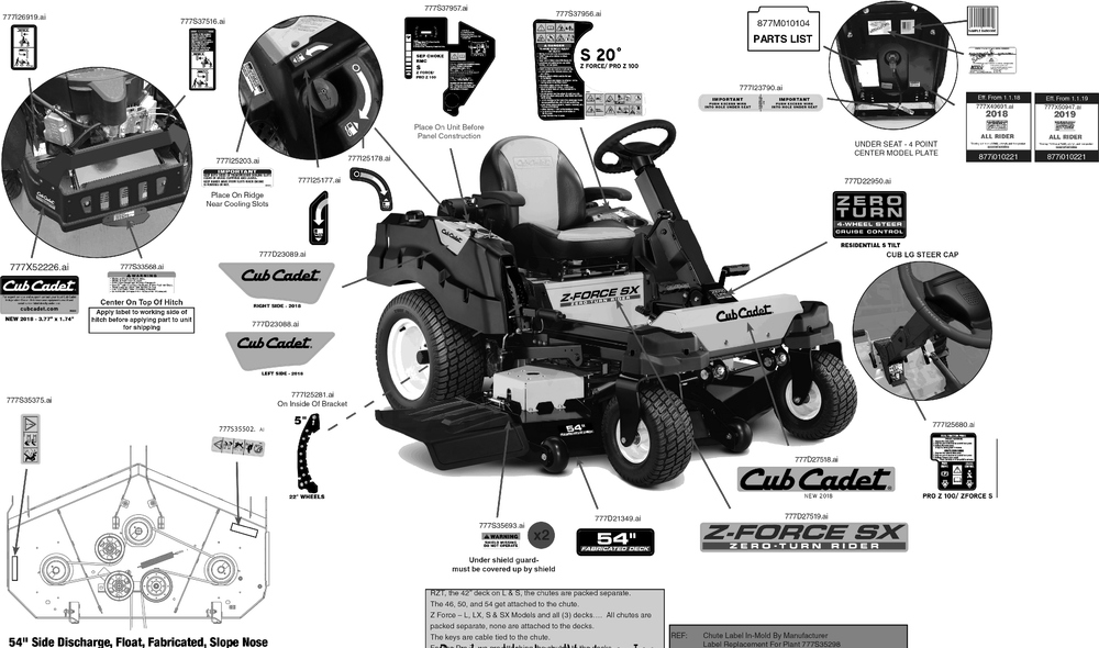 Label Map Diagram and Parts List for Z-FORCESX54KW (17RIDGJC010)(2019) Cub Cadet Lawn Tractor